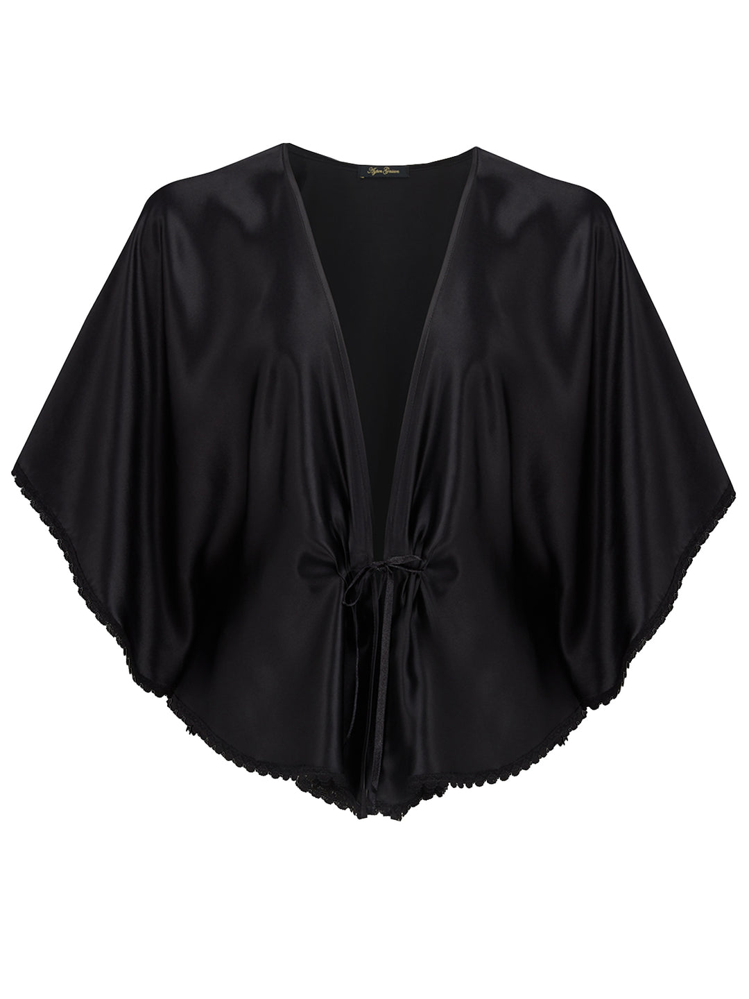 Handmade black silk bed jacket featuring English Cluny lace and pleated front detail - luxury loungewear