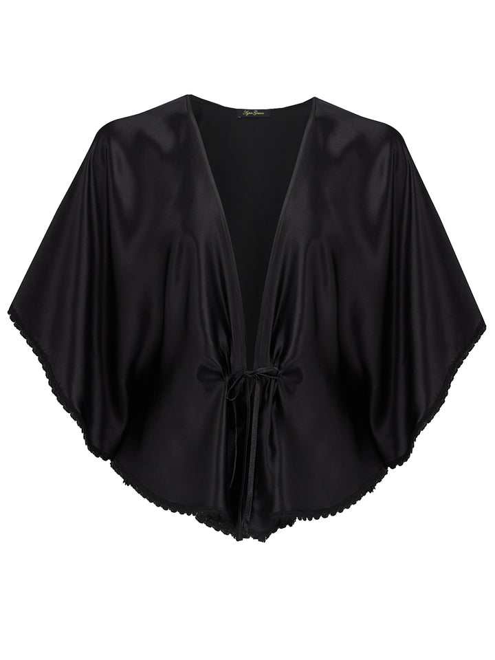 Handmade black silk bed jacket featuring English Cluny lace and pleated front detail - luxury loungewear