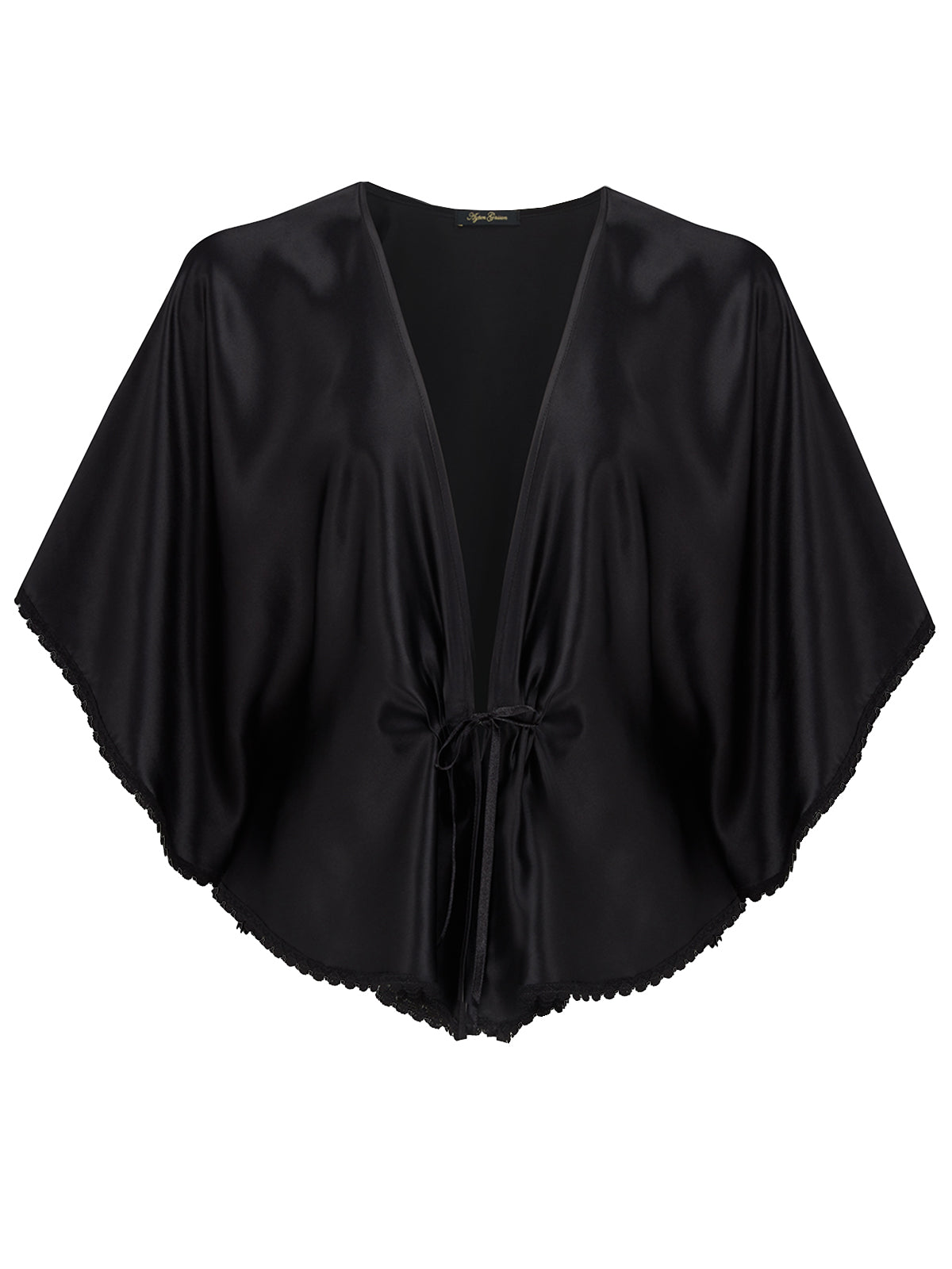 Handcrafted black silk bed jacket with English floral lace and pleated front