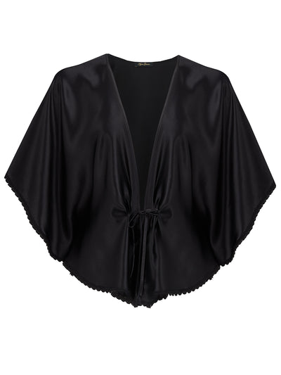 Handcrafted black silk bed jacket with English floral lace and pleated front