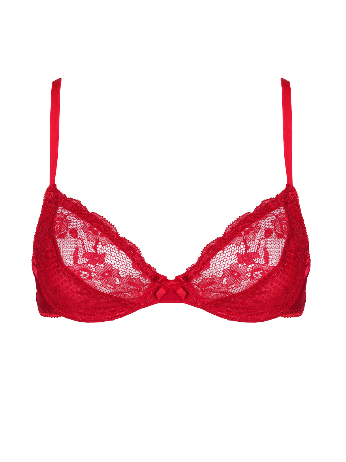 Luxurious red lace plunge bra with non-padded cups and adjustable straps