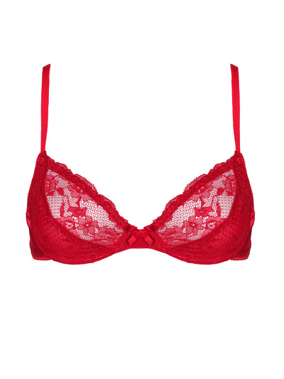 Luxurious red lace plunge bra with non-padded cups and adjustable straps