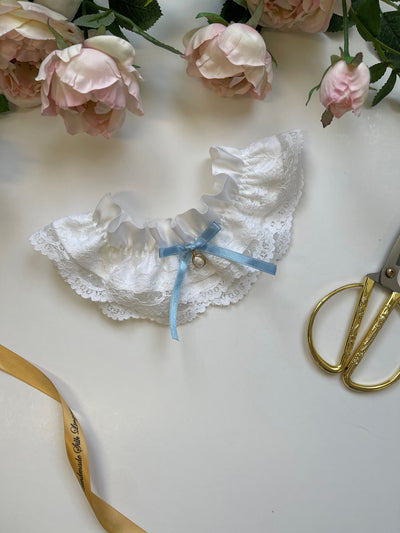 Handmade silk garter with wire-wrapped Aquamarine gemstone or Freshwater Pearl