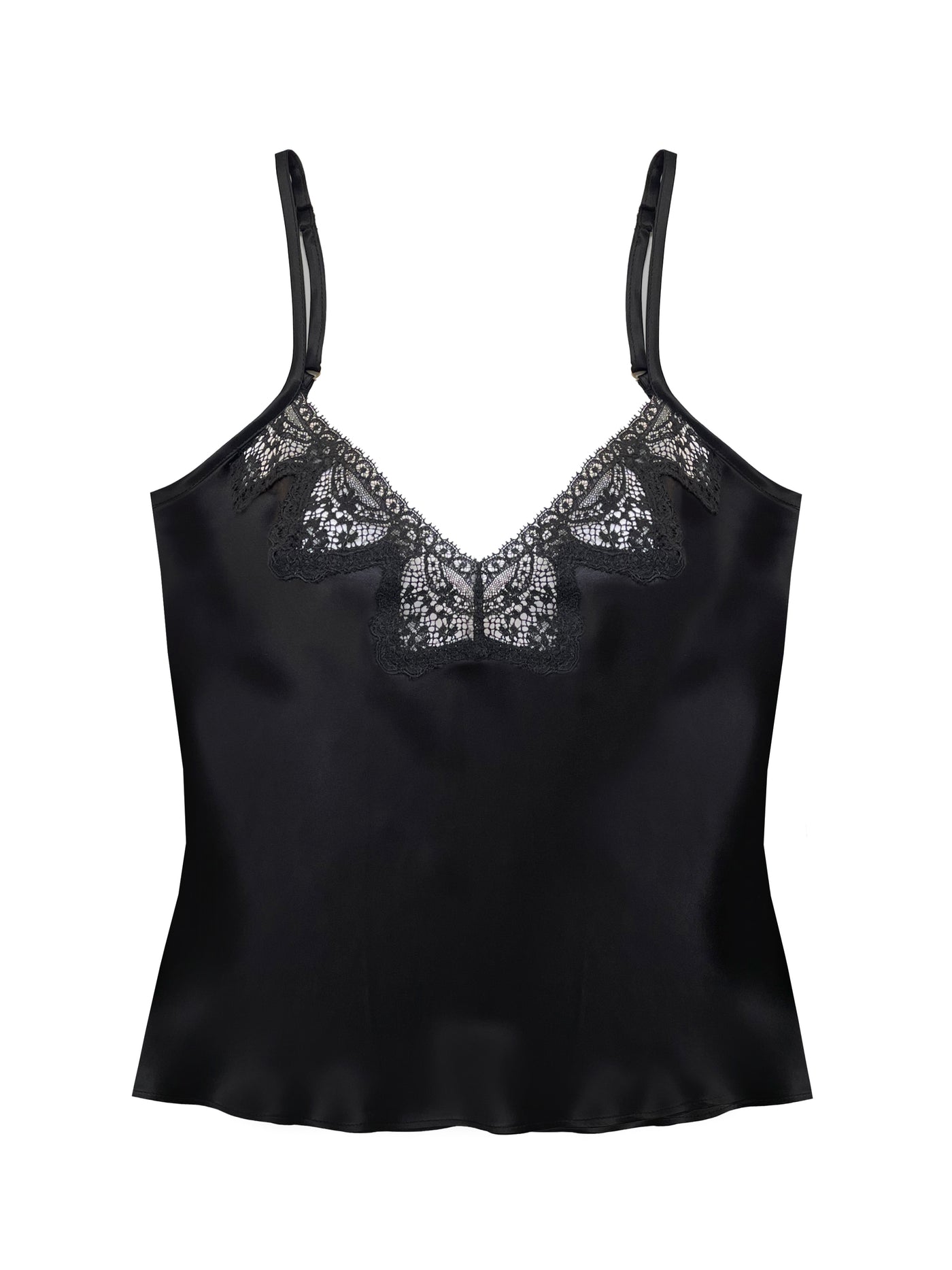 Elegant black silk camisole featuring deep V-neckline and Cluny Lace trim.