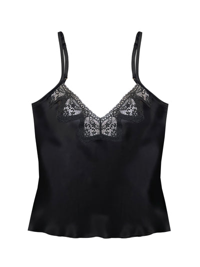 Elegant black silk camisole featuring deep V-neckline and Cluny Lace trim.